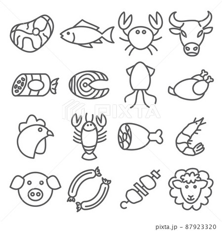 Meat and Seafood Line Icons set on white background Meat and Seafood Line Icons set on white background 87923320