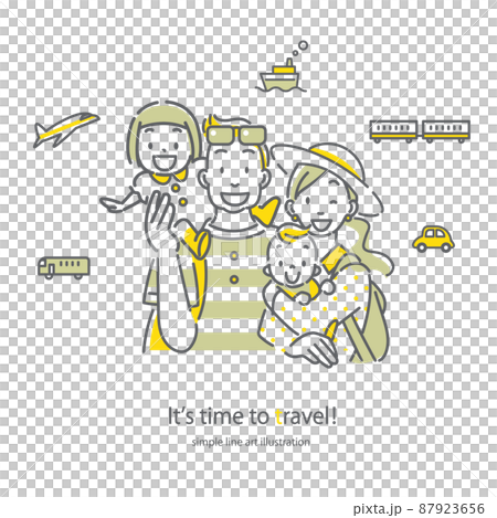 A family of four young people enjoying a trip Simple and stylish line drawing illustrations 87923656