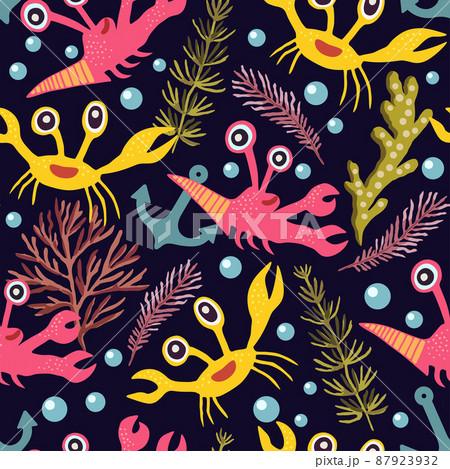 Cute seamless pattern with crabs.Cartoon doodle print with happy sea creatures for children and nursery textile and decor. Cute seamless pattern with crabs.Cartoon doodle print with happy sea creatures for children and nursery textile and decor. 87923932