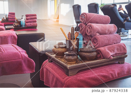 spa treatment accessories with towel and aroma oil 87924338