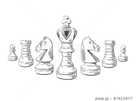 Chess pieces in sketch style. Hand-drawn vector...のイラスト素材