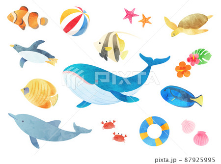 海中の魚や動物のベクターイラストアイコン(水彩) 87925995