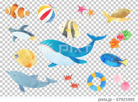 海中の魚や動物のベクターイラストアイコン(水彩) 87925995