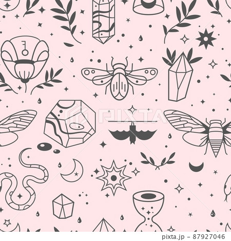 Bohemian style print. Line mystic elements, nature outline decorative background. Insects, snake, bat and stars and moon. Magic boho symbols vector seamless pattern Bohemian style print. Line mystic elements, nature outline decorative background. Insects, snake, bat and stars and moon. Magic boho symbols vector seamless pattern 87927046