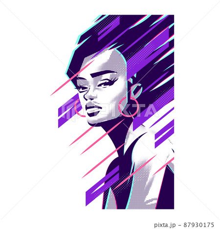 Abstract portrait of a black African woman with rings in her ears. Stylized swift lines. Purple 87930175