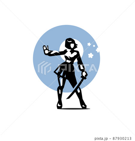Girl with a short haircut in a school uniform with a Japanese sword 87930213