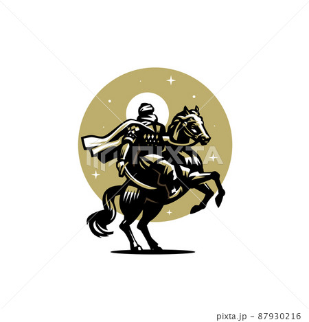 Male warrior with a closed face and a cloak, warrior, Arab, Bedouin, Tuareg. The horse reared up. In the hands of a sword. Stylized vector illustration. 87930216