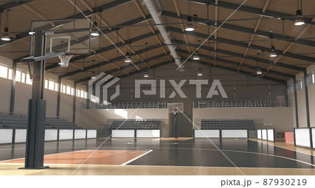 Basketball court with hoop and tribune mock up, front view 87930219
