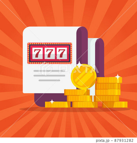 Casino game bonus prize gift vector or winner gambling 777 jackpot with golden money coins as lottery raffle flat cartoon illustration, big cash win or bingo chance 87931282