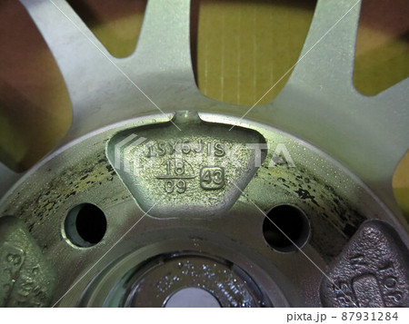 車のアルミホイールの裏側に刻印されているホイールサイズ15インチ、6J 