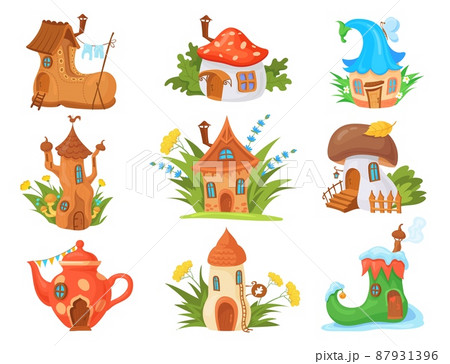 Cartoon elves houses. Fairy house in tale forest trees, gnome land mushroom fairytale cottage with door, natural fantasy village garden dwarf fairies home, neat vector illustration Cartoon elves houses. Fairy house in tale forest trees, gnome land mushroom fairytale cottage with door, natural fantasy village garden dwarf fairies home, neat vector illustration 87931396