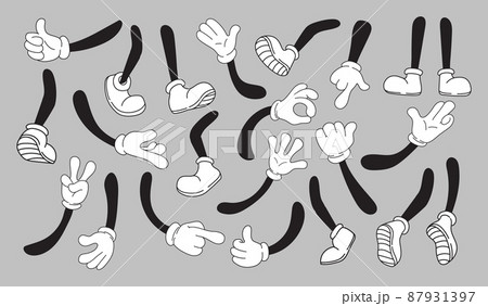 Mascot pairings in gloves. Pair cartoon hands and legs comic vintage character, arm white glove feet shoe sneaker, doodle object ok gesture hand, isolated neat vector illustration Mascot pairings in gloves. Pair cartoon hands and legs comic vintage character, arm white glove feet shoe sneaker, doodle object ok gesture hand, isolated neat vector illustration 87931397
