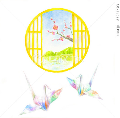 丸窓　障子　梅の花　和風　折り鶴 87931403