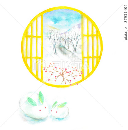 丸窓　障子　冬景色　和風　雪うさぎ 87931404