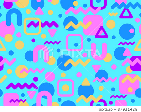 Geometric seamless pattern in 80s memphis style. Colorful background design for printing banners, posters, wrapping paper and promotional items. Vector illustration Geometric seamless pattern in 80s memphis style. Colorful background design for printing banners, posters, wrapping paper and promotional items. Vector illustration 87931428