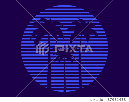 Retro futuristic palm trees in 80s style at sunset. Summer time, palm trees on the background of the sun, synthwave style. Design for advertising brochures and banners. Vector illustration Retro futuristic palm trees in 80s style at sunset. Summer time, palm trees on the background of the sun, synthwave style. Design for advertising brochures and banners. Vector illustration 87931438