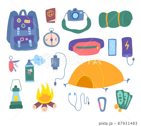 Cartoon Color Hiking Traveling Stuff Icon Set Include of Backpack, Tent, Compass and Lantern. Vector illustration 87931483