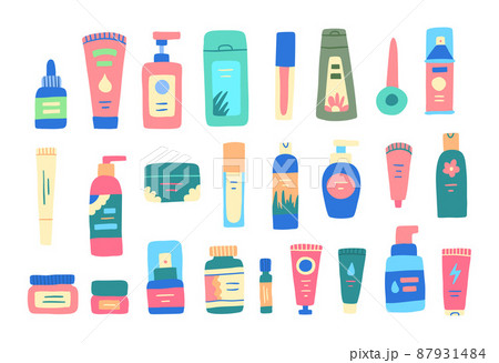 Cartoon Color Beauty Cosmetic Product Icon Set Include of Cream, Shampoo and Lotion. Vector illustration of Icons 87931484
