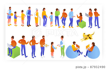 Family characters isometric icons. Couple, father, mother, kid spending time together cooking, playing, talking, vector. Family characters isometric icons. Couple, father, mother, kid spending time together cooking, playing, talking, vector. 87932490