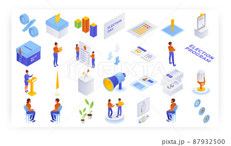 Election campaign and voting isometric icon set. Election program, speech. Polling day, ballot box, voters, vector. Election campaign and voting isometric icon set. Election program, speech. Polling day, ballot box, voters, vector. 87932500