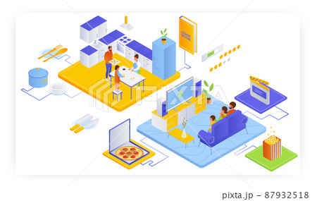 Family characters watching movie sitting on sofa in living room and cooking in kitchen, vector isometric illustration. 87932518