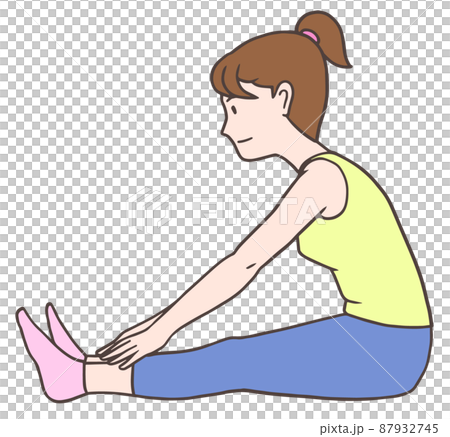 ハムストリングスストレッチ、長座体前屈、太ももの裏を伸ばす体操をする女性 87932745