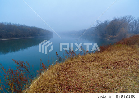 wild natural landscape, late autumn season, river, bare branches of trees without leaves, cloudy weather with haze, forest with silhouettes of trees 87933180