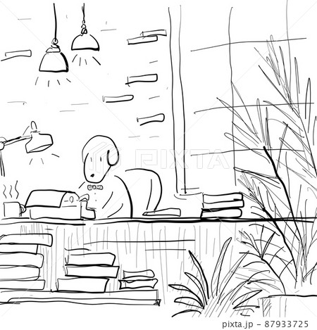 イヌの探偵がオフィスでデスクワークをしているのイラスト素材