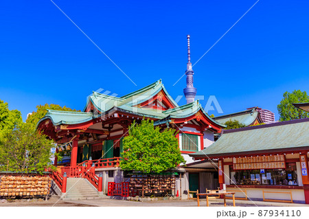 東京　江東区亀戸　亀戸天神社の本殿とスカイツリー 87934110