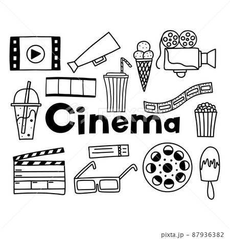Doodle set of cinema elements. Set of abstract isolated design elements. Hand drawn vector black and white illustration. Doodle set of cinema elements. Set of abstract isolated design elements. Hand drawn vector black and white illustration. 87936382