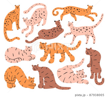 Tigers and leopards. Modern doodle animals. Hand drawn wildlife predators. Wild cats different poses and silhouettes. Jaguars and cheetahs. Primitive style. Vector carnivore mammals set 87938005