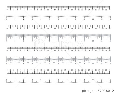Ruler scales. Different measuring units. Rule divisions with numbers. School drawing tapes. Geometry instruments. Centimeters or inches. Length measurement. Vector width meters set 87938012