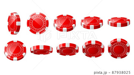 Realistic casino chips. Red 3D gambling tokens. Different view angles. Jackpot and win bets. Gaming coins for playing roulette or poker. Vector fortune games plastic accessories set 87938025