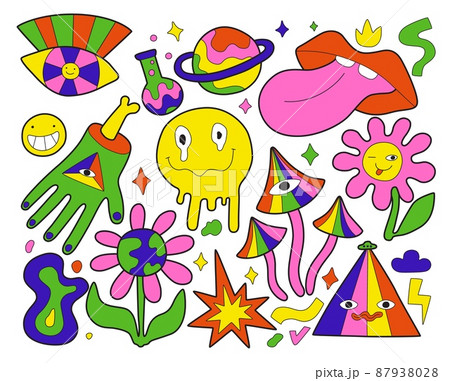 Psychedelic symbols. Acid colours trendy symbols, 80s 90s funny surreal artworks, retro style weird stickers, crazy trippy icons. Yellow smiley, toxic mushrooms abstract flowers vector set Psychedelic symbols. Acid colours trendy symbols, 80s 90s funny surreal artworks, retro style weird stickers, crazy trippy icons. Yellow smiley, toxic mushrooms abstract flowers vector set 87938028
