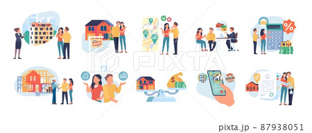 Mortgage credit people. Debt payments. Apartments evaluation. Residential house sale and rent. Real estates. Couples choose homes and take borrowed funds. Vector realtors deals set 87938051