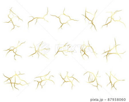 Golden cracks effect. Japanese kintsugi mosaic technique. Porcelain bonding method. Broken pottery break line. Metallic fissures. Gluing ceramic surfaces. Vector different streaks set 87938060