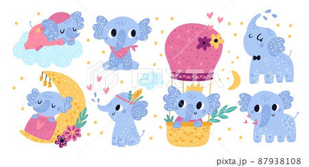 Baby elephants characters. Cute kids animals. Different poses and actions. Happy creature takes shower or sleeping on cloud. Hot air balloon flight. Dreaming cub. Vector lovely mammal set 87938108