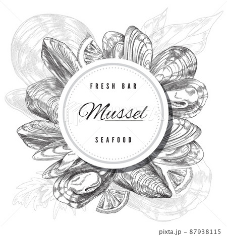 Mussels banner with circle frame engraving vector illustration isolated. 87938115