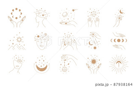 Mystic astrology. Hand drawn magic vintage signs, esoteric cult fairy design. Vector abstract zodiac symbols set collection golden hand astrologers 87938164