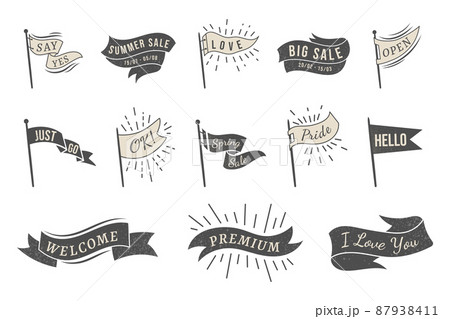 Ribbon banner. Retro flag label, minimal ribbon graphic badge. Vector old decorative emblem banner fluttering ribbons Ribbon banner. Retro flag label, minimal ribbon graphic badge. Vector old decorative emblem banner fluttering ribbons 87938411