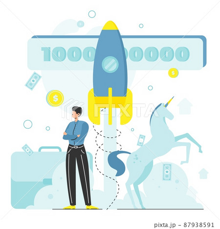 Unicorn company or unicorn startup, rocket launch, venture capital industry, vector illustration. 87938591