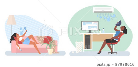 People using air conditioner, fan for cooling office and home, vector illustration. Summer heat, hot weather. 87938616