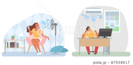 People using air conditioner, fan for cooling office and home, vector illustration. Summer heat, hot weather. 87938617