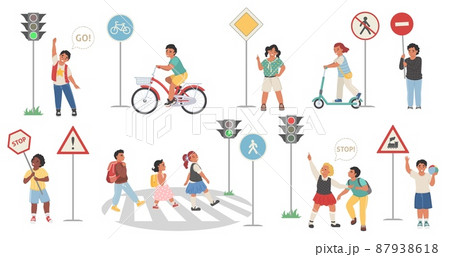 Traffic education, road safety rules for children. Kids learning road signs, crosswalk, lights, bike lanes, vector. 87938618