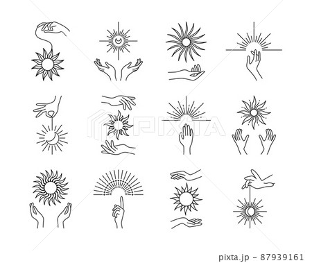 Line hands with suns. esoteric and astrology vintage elements, sun geometry outline graphic vector set illustrations design esoteric elements 87939161