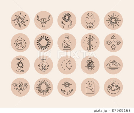 highlight covers. Social media post cover with line abstract esoteric and mystic symbols. Vector isolated set illustration designs mythological symbols colour pastel 87939163