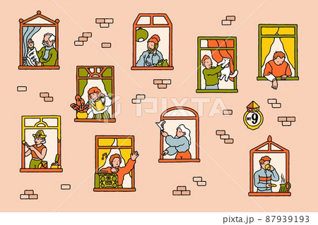 Neighbors in windows. Cartoon people communicating while staying at home. Vector illustration design home people in window 87939193