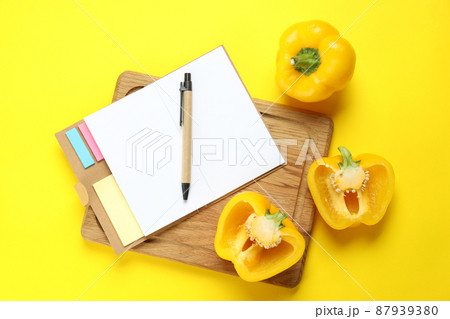 Concept of recipe on yellow background, space for text Concept of recipe on yellow background, space for text 87939380