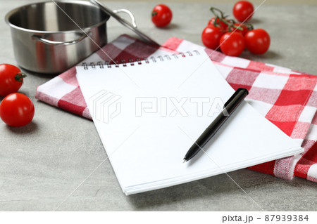 Concept of recipe on gray textured background, space for text Concept of recipe on gray textured background, space for text 87939384