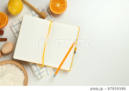 Concept of recipe on white background, space for text Concept of recipe on white background, space for text 87939386